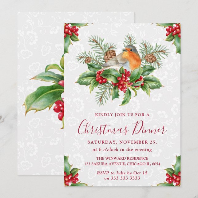 Robin and Holly Berry Christmas Dinner Invitation (Front/Back)