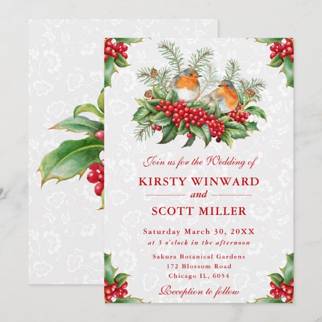Robin and Holly Berry Christmas Wedding Invitation (Front/Back)