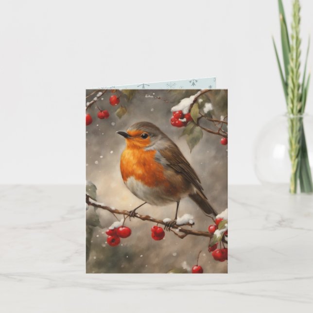 Robin And Red Berries Christmas Card (Front)