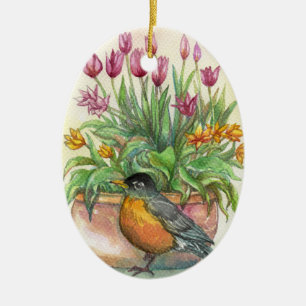 Robin and Tulips Ceramic Tree Decoration