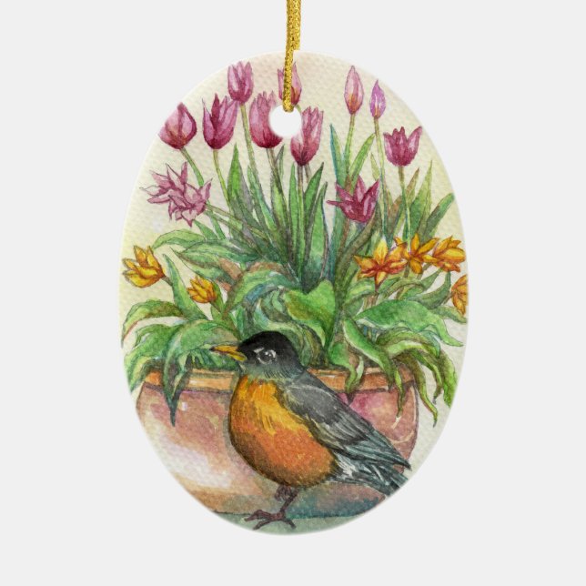 Robin and Tulips Ceramic Tree Decoration (Front)