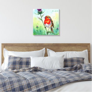 Robin Bird and Thistle Flower Botanical Watercolor Canvas Print