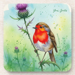 Robin Bird and Thistle Flower Botanical Watercolor Coaster
