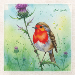 Robin Bird and Thistle Flower Botanical Watercolor Glass Coaster