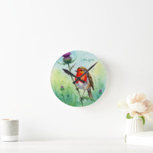 Robin Bird and Thistle Flower Botanical Watercolor Round Clock