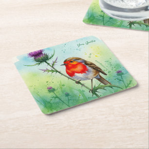 Robin Bird and Thistle Flower Botanical Watercolor Square Paper Coaster