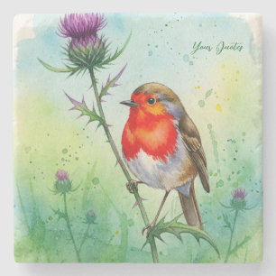 Robin Bird and Thistle Flower Botanical Watercolor Stone Coaster