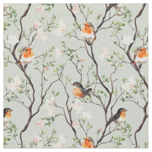 Robin bird botanical vines and flowers fabric