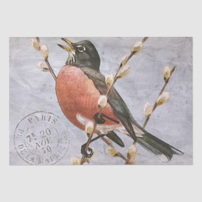 Robin Bird Branch French Postmark Blue Decoupage  Tissue Paper (Front)