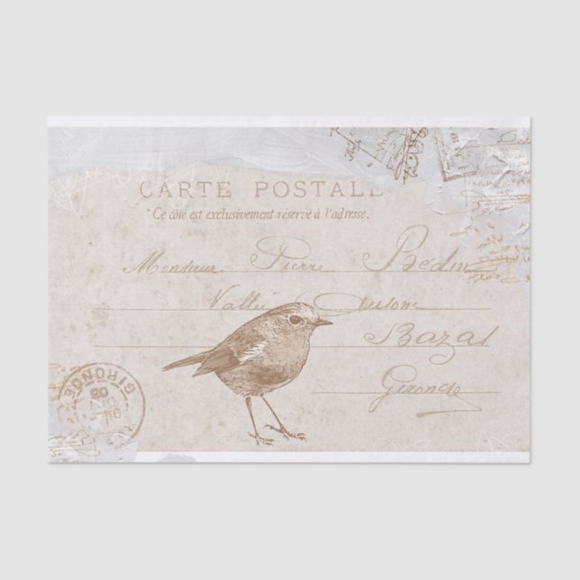 Robin Bird Carte Postale French Decoupage Blue  Tissue Paper (Front)