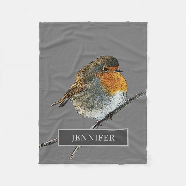 Robin bird family monogrammed grey fleece blanket (Front)