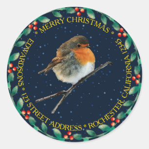 Robin bird family name Merry Christmas holly Classic Round Sticker
