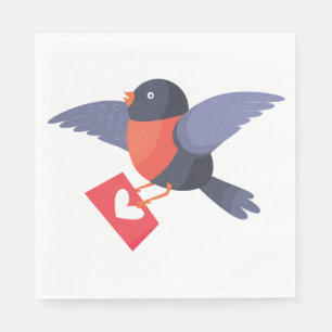 Robin Bird Flying with Red Heart Love Letter Napkin