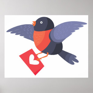 Robin Bird Flying with Red Heart Love Letter Poster