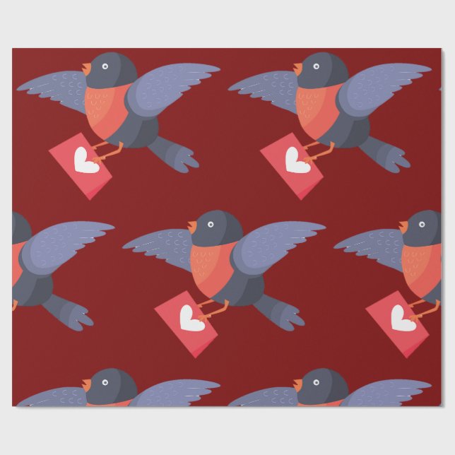 Robin Bird Flying with Red Heart Love Letter Wrapping Paper (Flat)