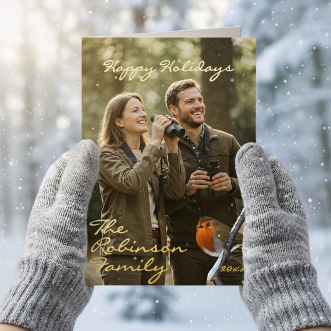 Robin Bird Happy Holidays Photo Foil Folded Card (Real foil holiday card with space for your photo and greeting)
