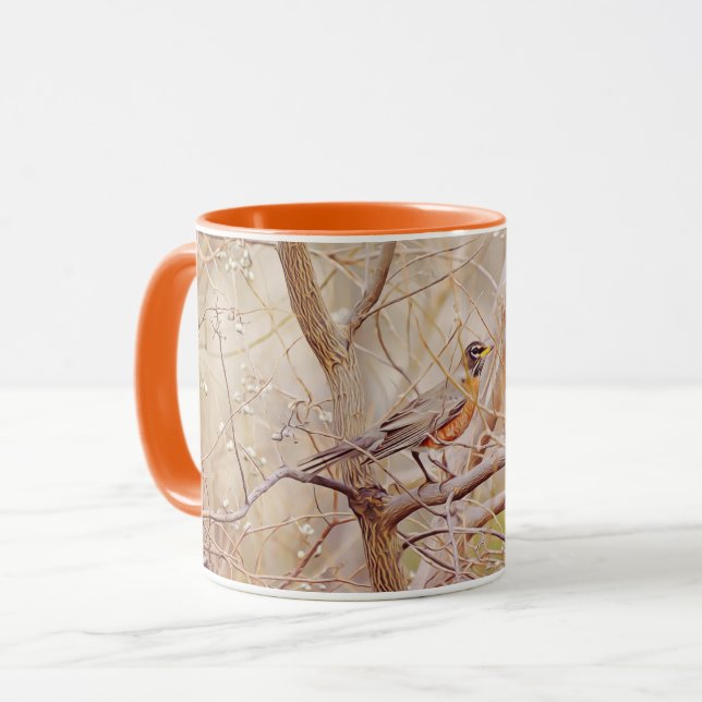 Robin Bird in Winter Tree Art Mug Cup (Front Left)