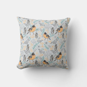 Robin Bird Mama and Baby Summer Brood With Flowers Cushion