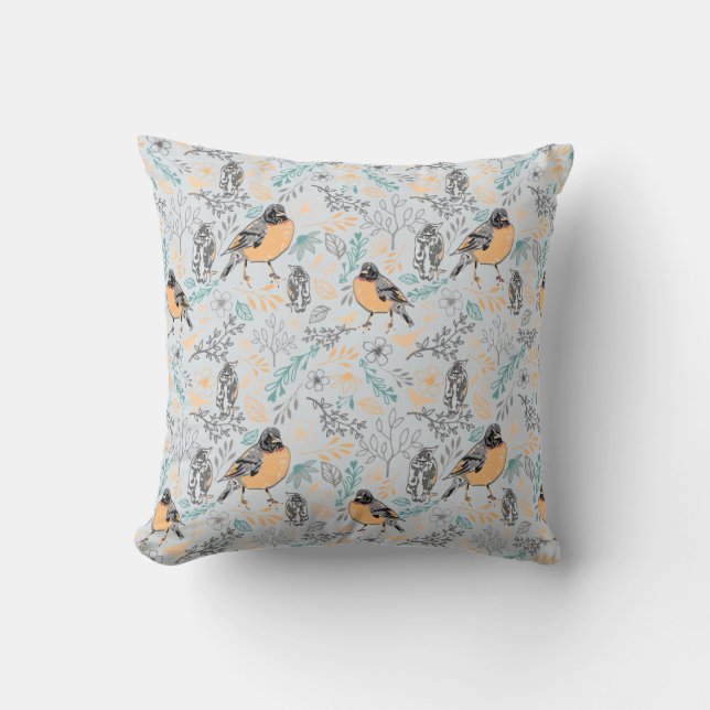 Robin Bird Mama and Baby Summer Brood With Flowers Cushion (Front)