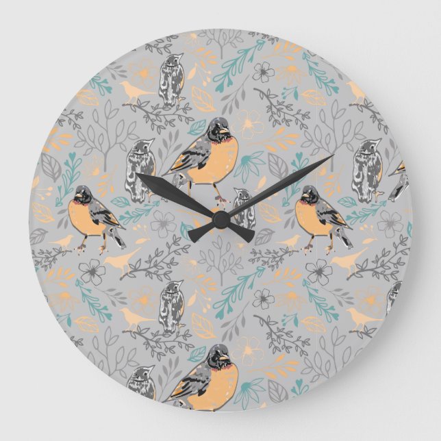 Robin Bird Mama and Baby Summer Brood With Flowers Large Clock (Front)