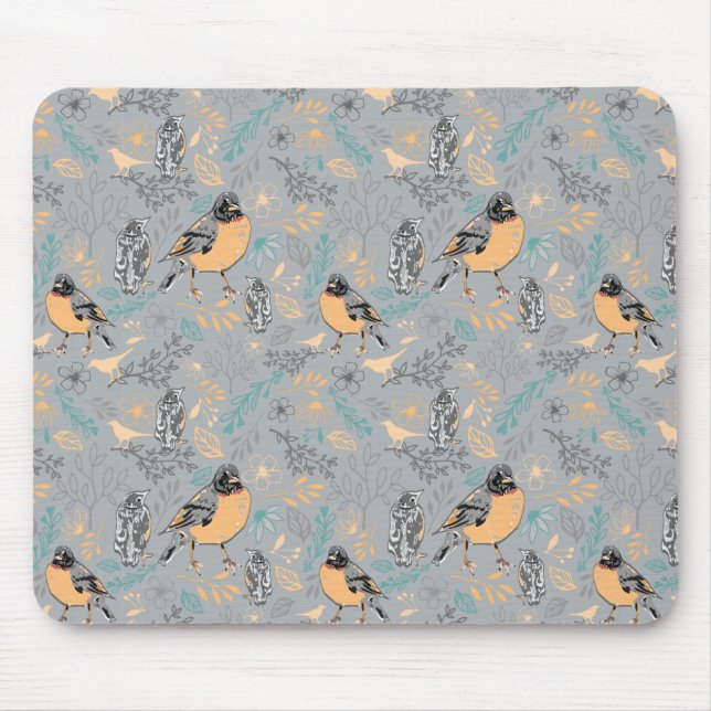 Robin Bird Mama and Baby Summer Brood With Flowers Mouse Mat (Front)