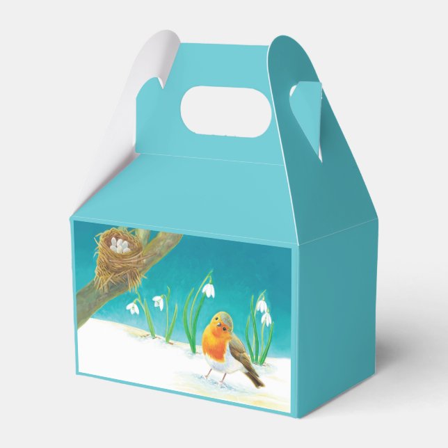 Robin Bird, Nest, Little Eggs & Snowdrops  Favour Box (Front Side)