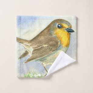 Robin bird on a frosted juniper branch bath towel set