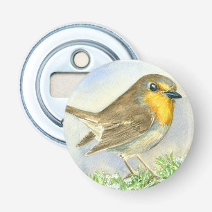 Robin bird on a frosted juniper branch bottle opener