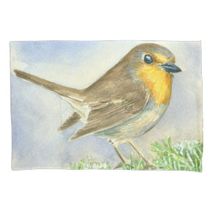Robin bird on a frosted juniper branch pillowcase