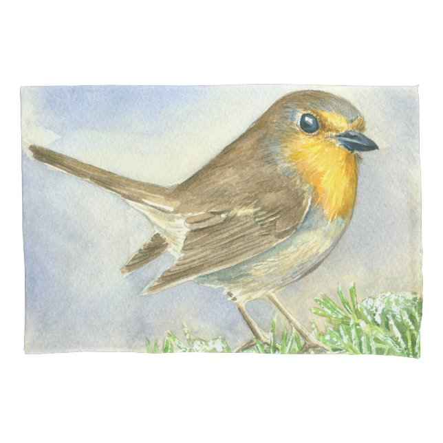 Robin bird on a frosted juniper branch pillowcase (Front)
