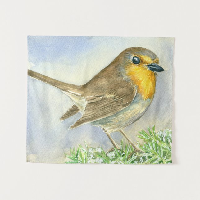 Robin bird on a frosted juniper branch tapestry (Front (Horizontal))