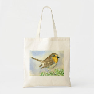 Robin bird on a frosted juniper branch tote bag