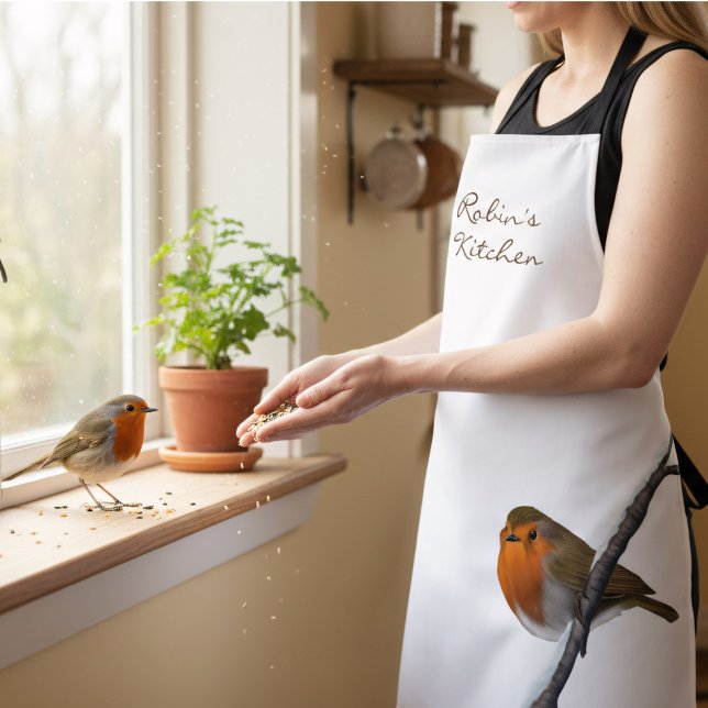 Robin Bird on Branch Personalised Kitchen Apron (A sweet little robin sat on a snowy branch waiting for your to add your name and come home with you)