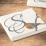 Robin Bird on Winter Branch Monogram Stone Coaster<br><div class="desc">An english red robin bird is sat on a snowy winter's branch. Just add your initial. His name is Bob.</div>