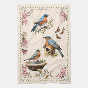 Robin Bird Peach Damask Tea Towel