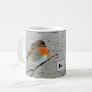 Robin bird red breast on wood monogrammed coffee mug