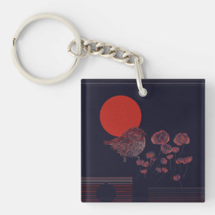Robin Bird Red Sun Illustration Key Ring