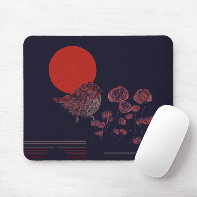 Robin Bird Red Sun Illustration Mouse Mat (With Mouse)