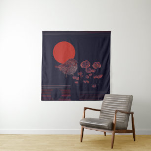 Robin Bird Red Sun Illustration Tapestry