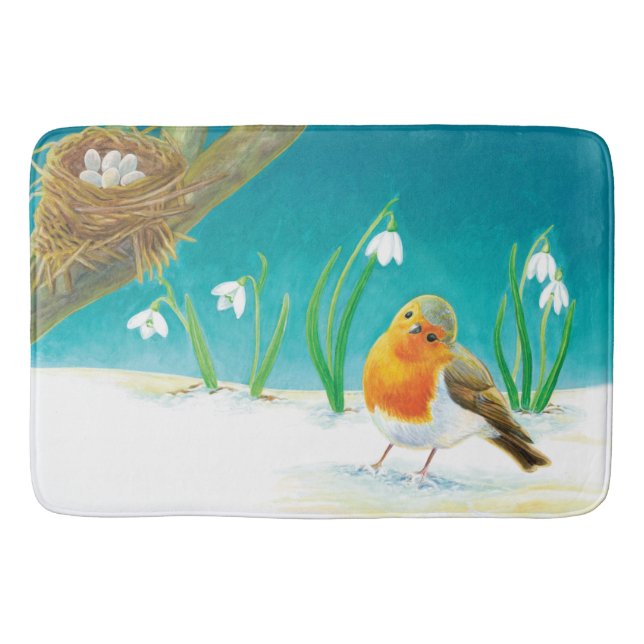 Robin Bird, snow & snowdrops Illustration  Bath Ma Mat (Front)
