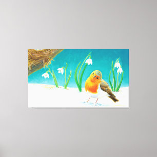 Robin Bird, snow & snowdrops Illustration Canvas Print