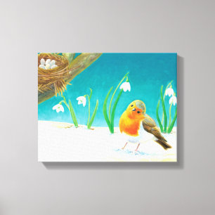 Robin Bird, snow & snowdrops Illustration Canvas Print
