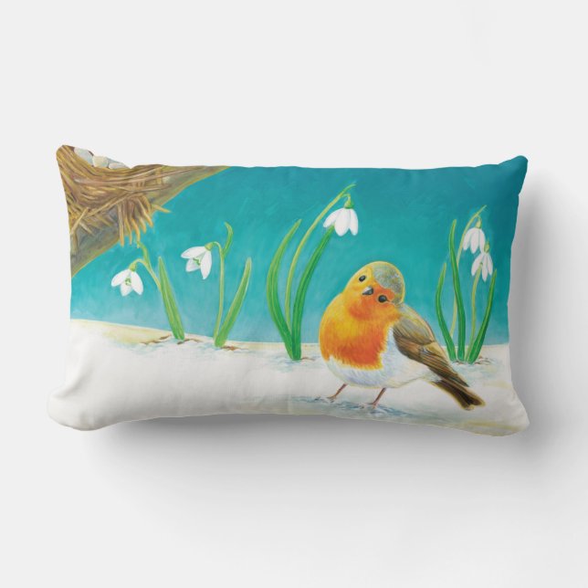 Robin Bird, snow & snowdrops Illustration Lumbar Cushion (Front)