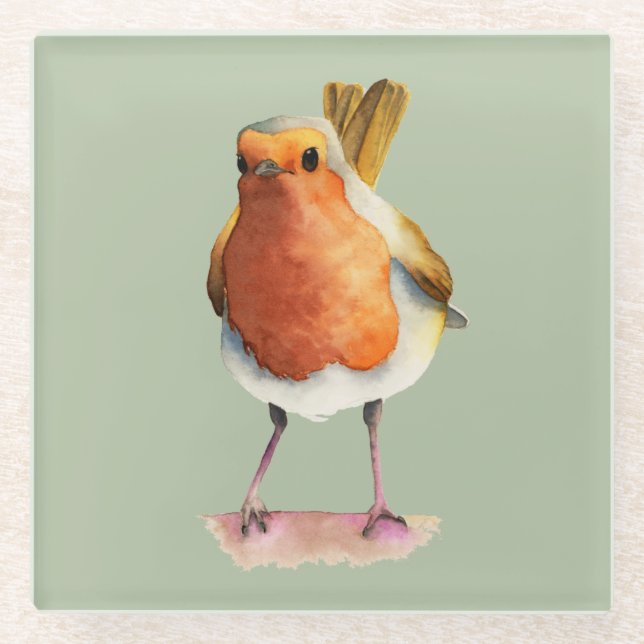 Robin Bird Watercolor Painting Glass Coaster (Front)