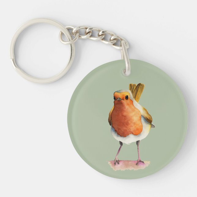 Robin Bird Watercolor Painting Key Ring (Front)