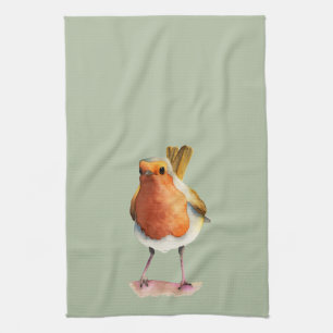 Robin Bird Watercolor Painting Tea Towel