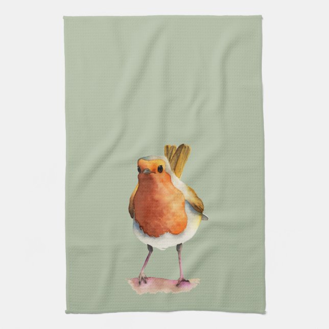 Robin Bird Watercolor Painting Tea Towel (Vertical)