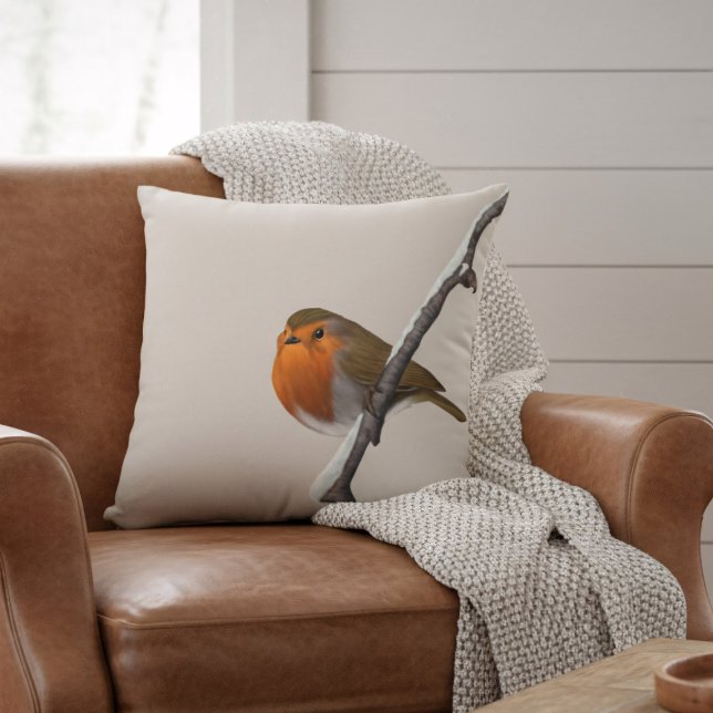 Robin Bird Winter Branch Natural Throw Pillow (A lone robin sits on a winter branch. He would love to sit on your sofa or armchair)