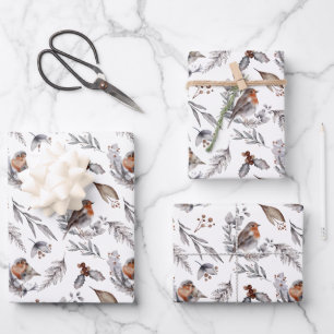 Robin Bird Woodland Greenery Christmas Wrapping Paper Sheet