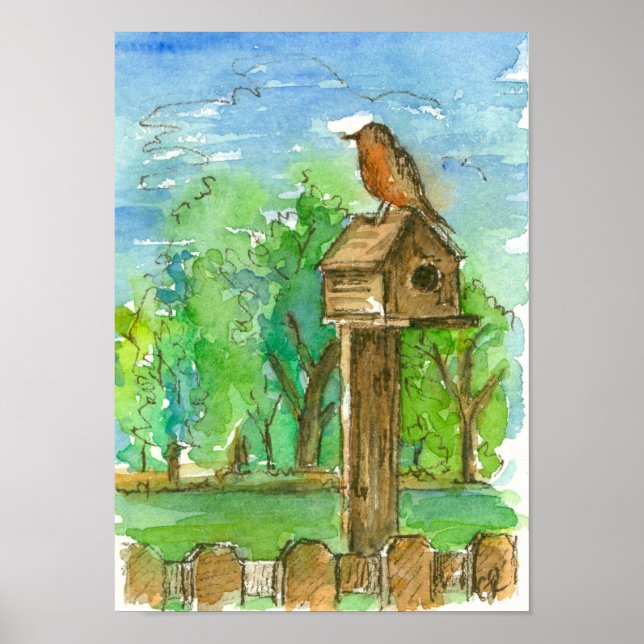 Robin Birdhouse Country Watercolor Landcape Poster (Front)